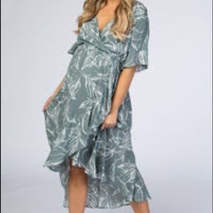 Sage Leaf Print Hi-Low Wrap Maternity Midi Dress